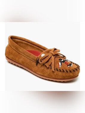 Minnetonka Thunderbird Beaded Moccasin Slippers Brown Suede Leather Bohemian 9